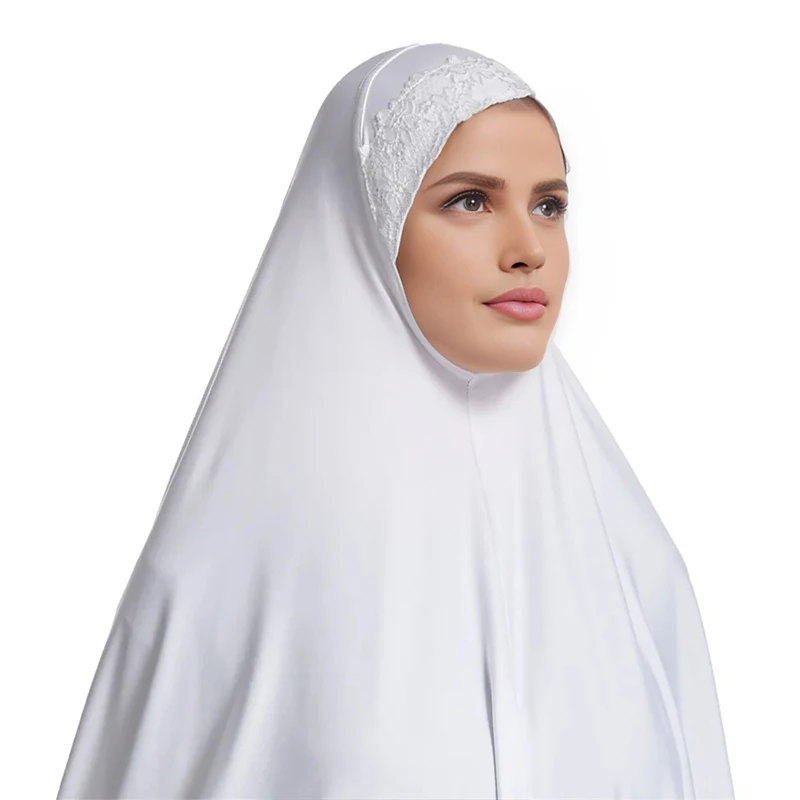 Muslim White Over Head Scarfs Caps Milk Silk Prayer Tops Dress Long Hijab Lace Edge Overarm Lace Hem Khimar