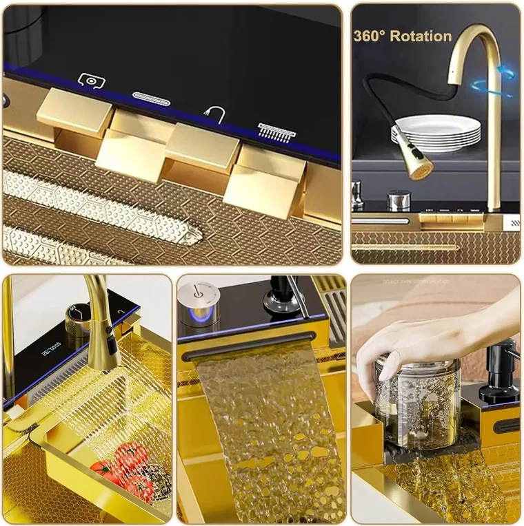 Gold SUS smart kitchen sink stainless steel hand made nano kitchen sink waterfall kitchen sink with digital display