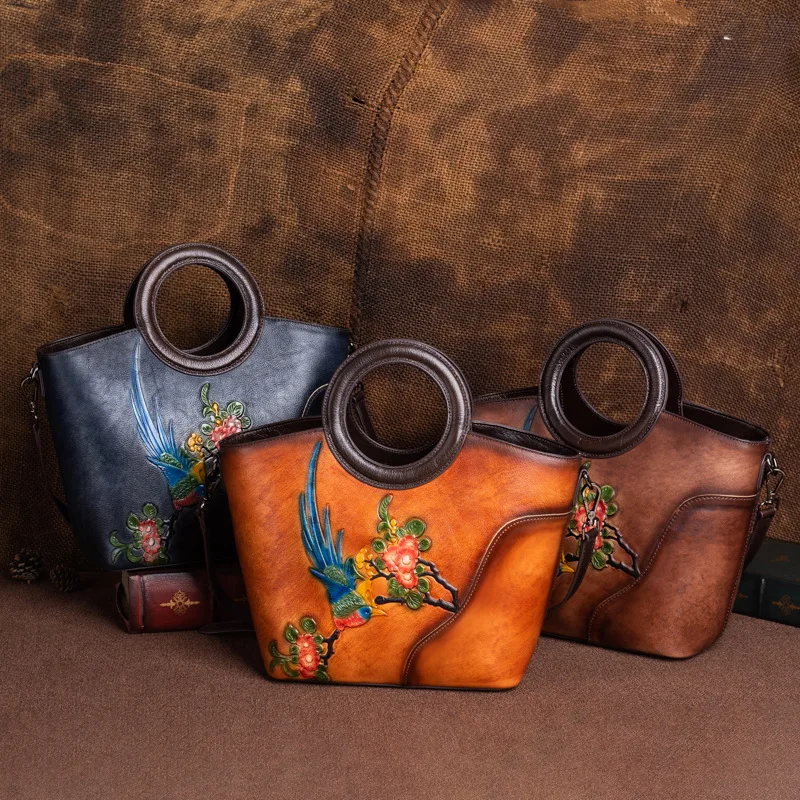 Designer Genuine Leather Handbags Vintage Embossed Large Capacity Shoulder Crossbody Bag Women Leather Bag Handbag