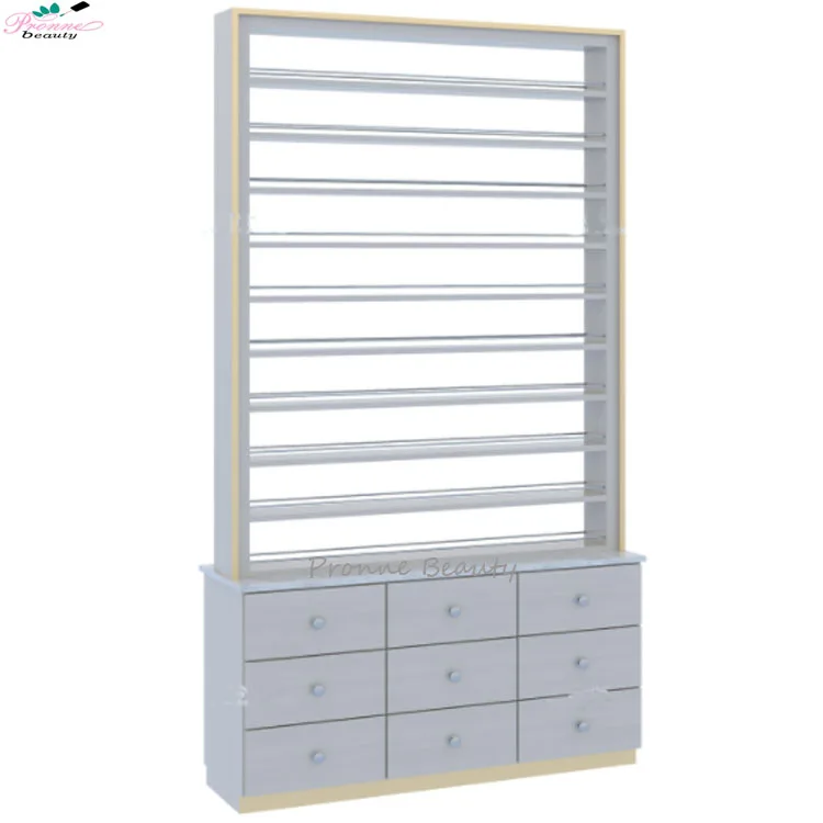 China Suppliers customized nail shop furniture display shelves nail polish rack floor center with cabinet