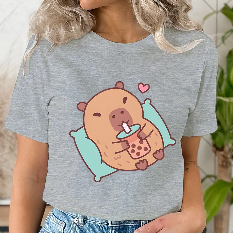 Boba Tea Capybara Print T Shirt for Women Anime Kawaii T-shirts Graphic Tees Ladies T-Shirt Unisex Hip Hop Tops Harajuku Tshirt