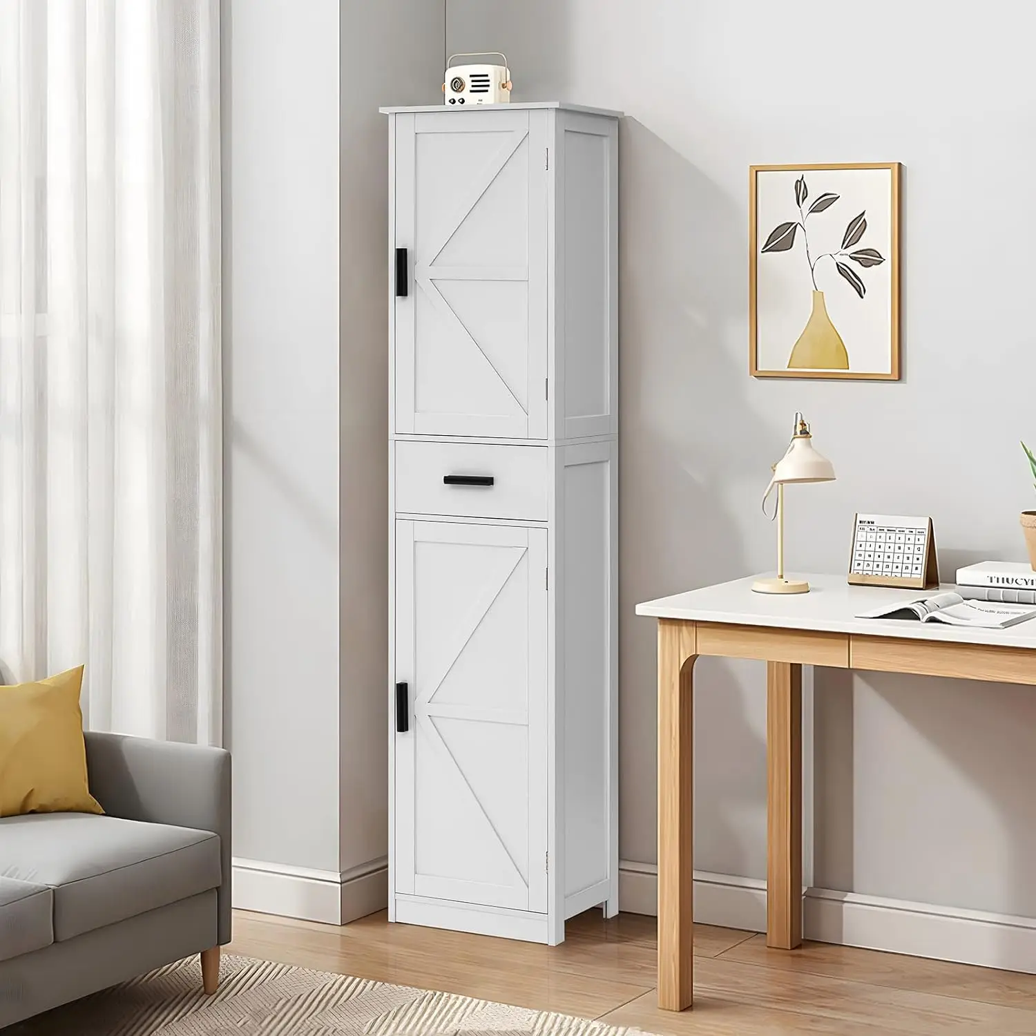 Tall Bathroom Cabinet Storage Cabinet with 6 Shelves & Drawer Narrow Storage Cabinet with Adjustable Shelves