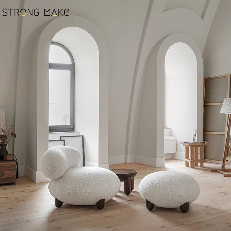 Nordic Style Modern Luxury Nordic White Leisure Relax Living Room Boucle Accent Chair Set Lounge Chair With Ottoman