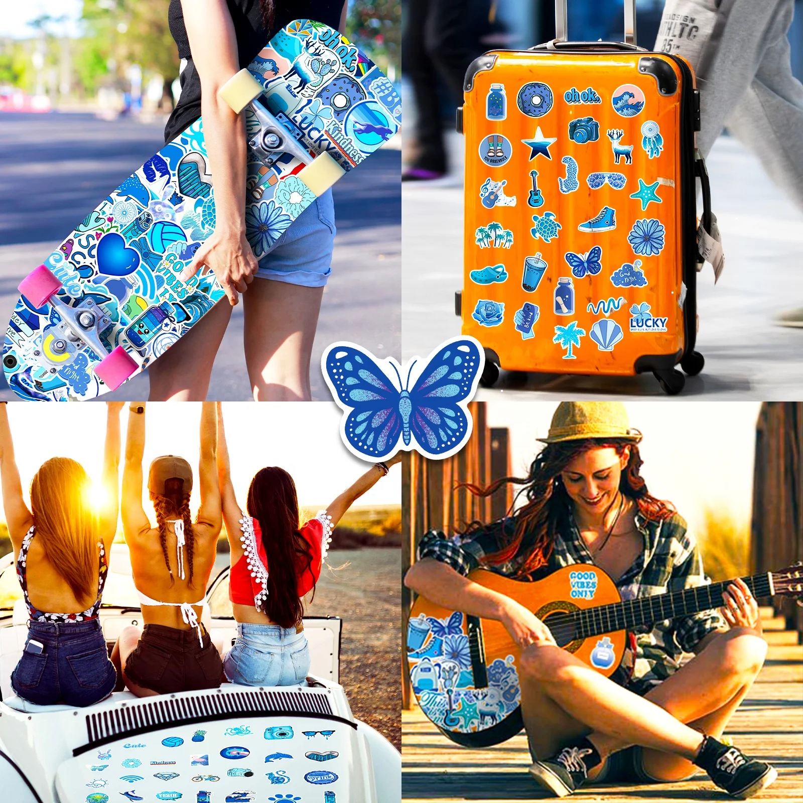 50pcs Blue Cute Stickers, Waterproof for Laptops,  bottles,  Luggage, Cars,  Gift Favors & Decor, T01040670