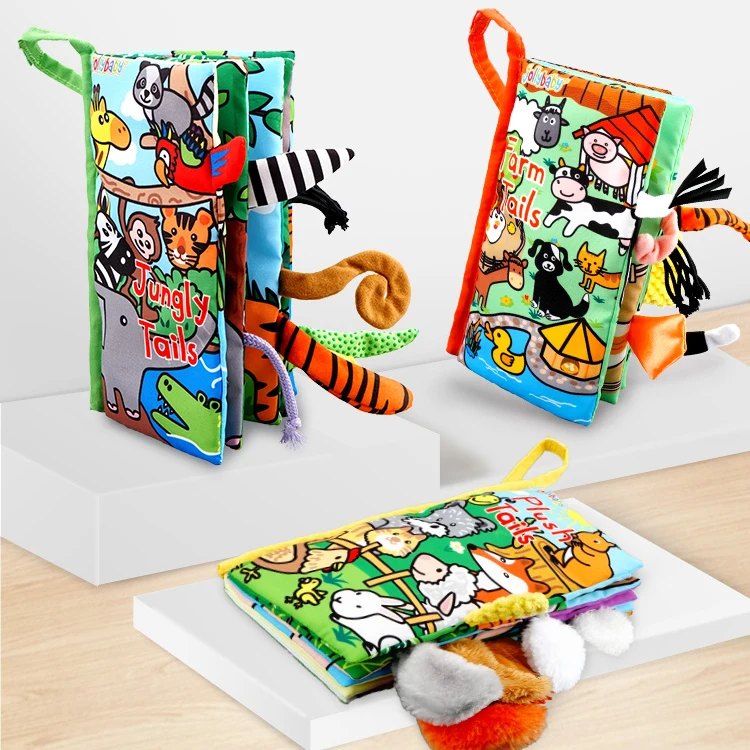 Jollybaby Hot Sale Jungle Farm Dinosaur Ocean Parent-child Interaction Custom Fabric 3D Animals Plush Tail Cloth Book