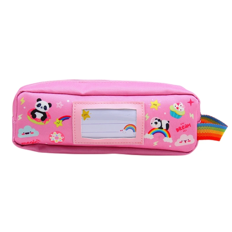 Children Pink Canvas Pencil Case with Rainbow Lanyard Cute Panda and Unicorn Design, Durable Zippered School Organizer