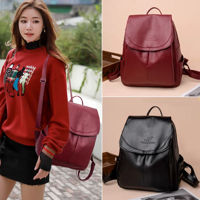 Sac a Dos Simple Waterproof Retro Soft Leather Women Backpacks Ladies Solid Color Travel Bagpack School Bags