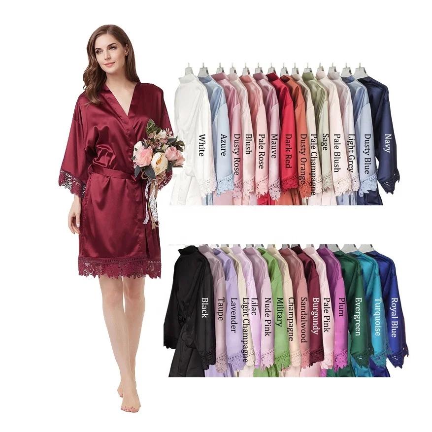 Wholesale kimono bath bridal party robe with lace trim wedding satin silk bride bridesmaid robes