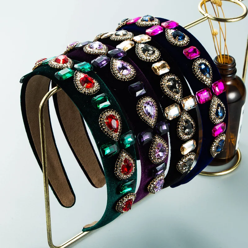 Retro Flower Rhinestone Crystal Pleuche Headbands for Women Girls Party Headdress Hair Accessories