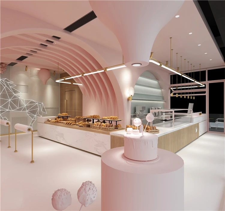 Marble Bread Shop Exquisite Wood Customized Bakery Counter Showcase Design Pink Bread Shopping Mall Kiosk Furniture Design