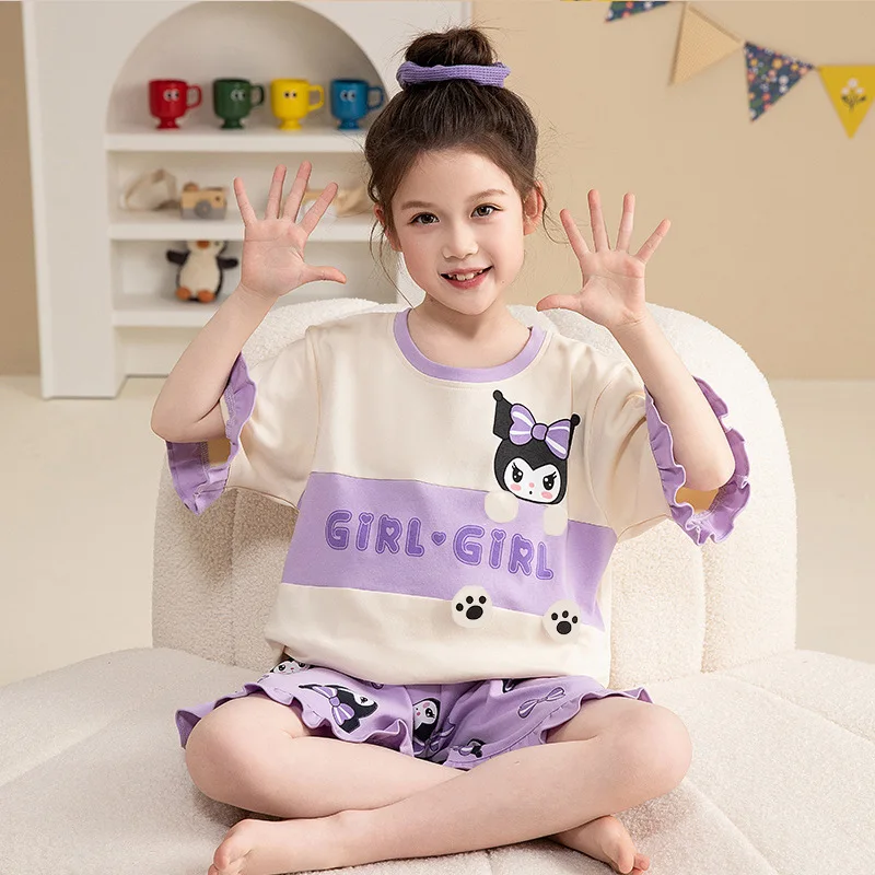 Kawaii Sanrios Kts Kuromi Cinnamoroll Детская летняя тонкая Хлопковая пижама комплект из двух частей милые шорты с коротким рукавом для девочек домашняя одежда