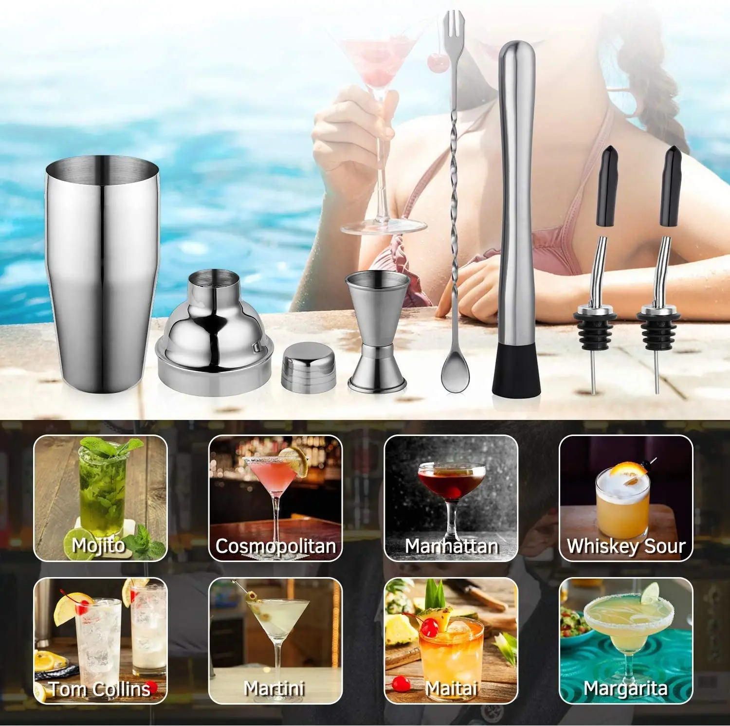 Cocktail Shaker Kit - Bar Tools - Stainless steel Cocktail Shaker Kit bartender kit includes all bar accessories, cocktail