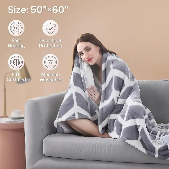Electric Blanket Throw Heated Blanket with 5 Levels & 3 Hours Auto Off Fast Heating Blanket
