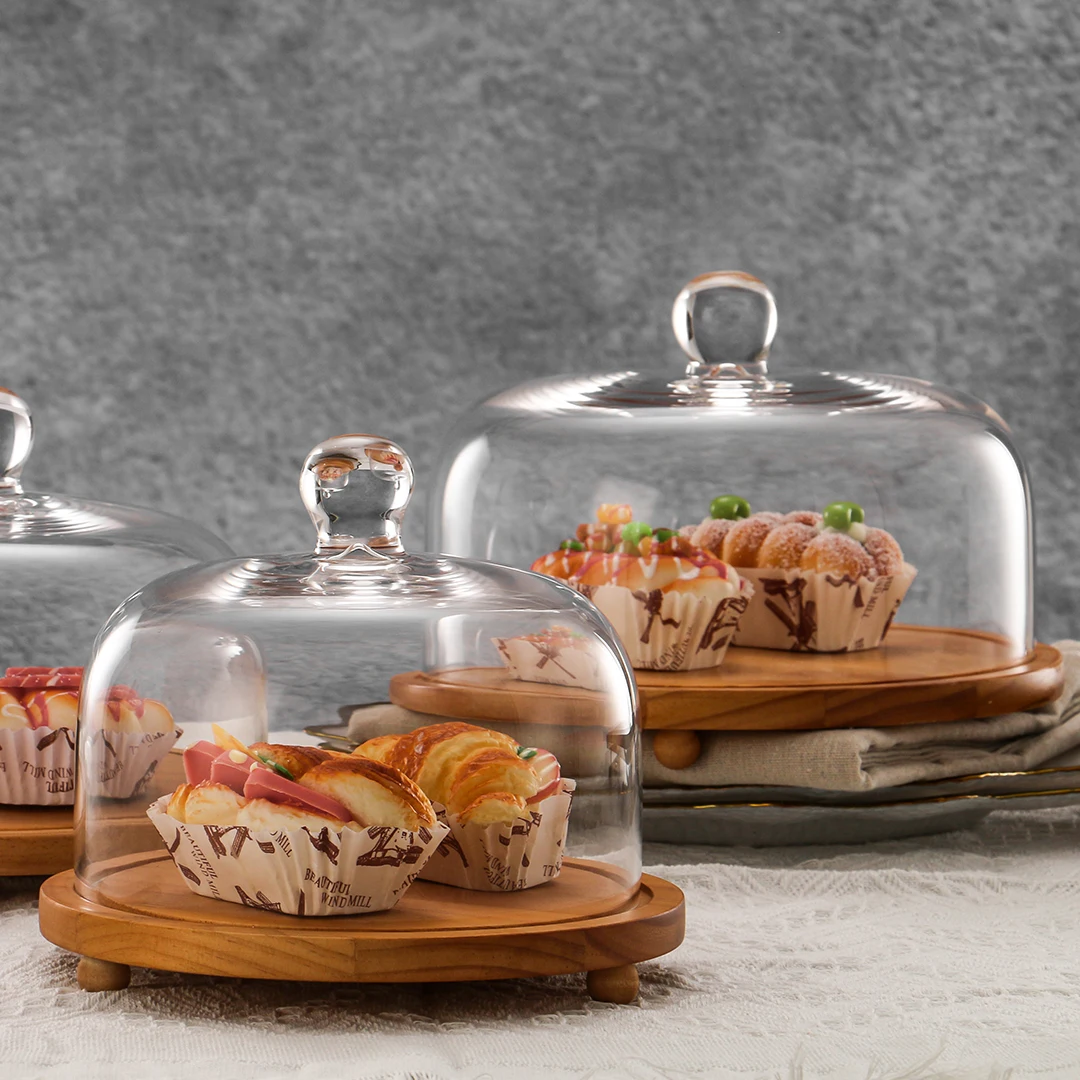Private Label High Quality Clear Decorative Cake Bamboo Wooden Tray Reusable Cake Stand With Glass Dome Cover