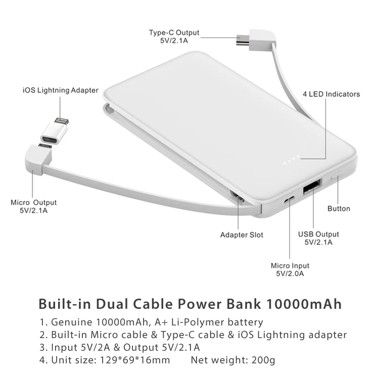 
2019 New! Super Slim built-in Dual cable mobile power bank 10000mah for promotion 