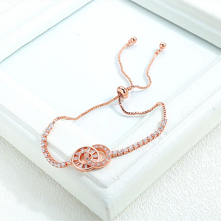 Circle Charm Adjustable Slider Chain 14k Gold Plated Stainless Steel 2mm Lab Grown Diamond zirconia Tennis Bracelet For Women