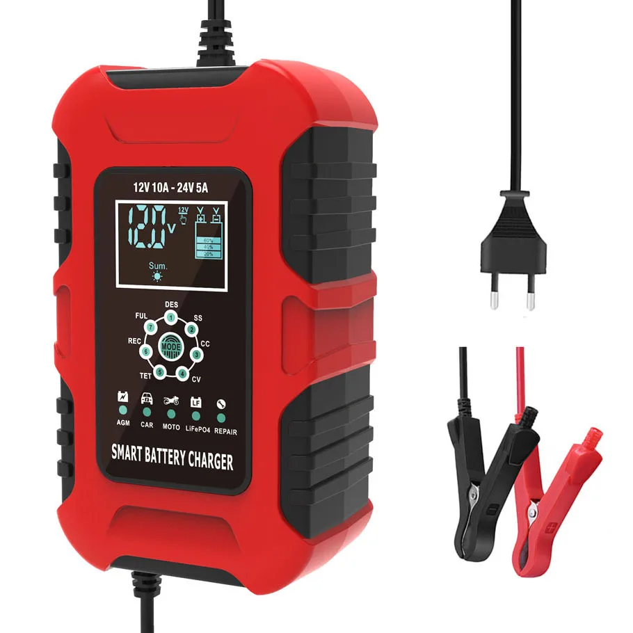 FOXSUR 10Amp Pulse Repair Charger, LiFePO4 Motorcycle & 12V 24V Car Battery Charger, AGM Deep cycle GEL EFB Lead-Acid Charger