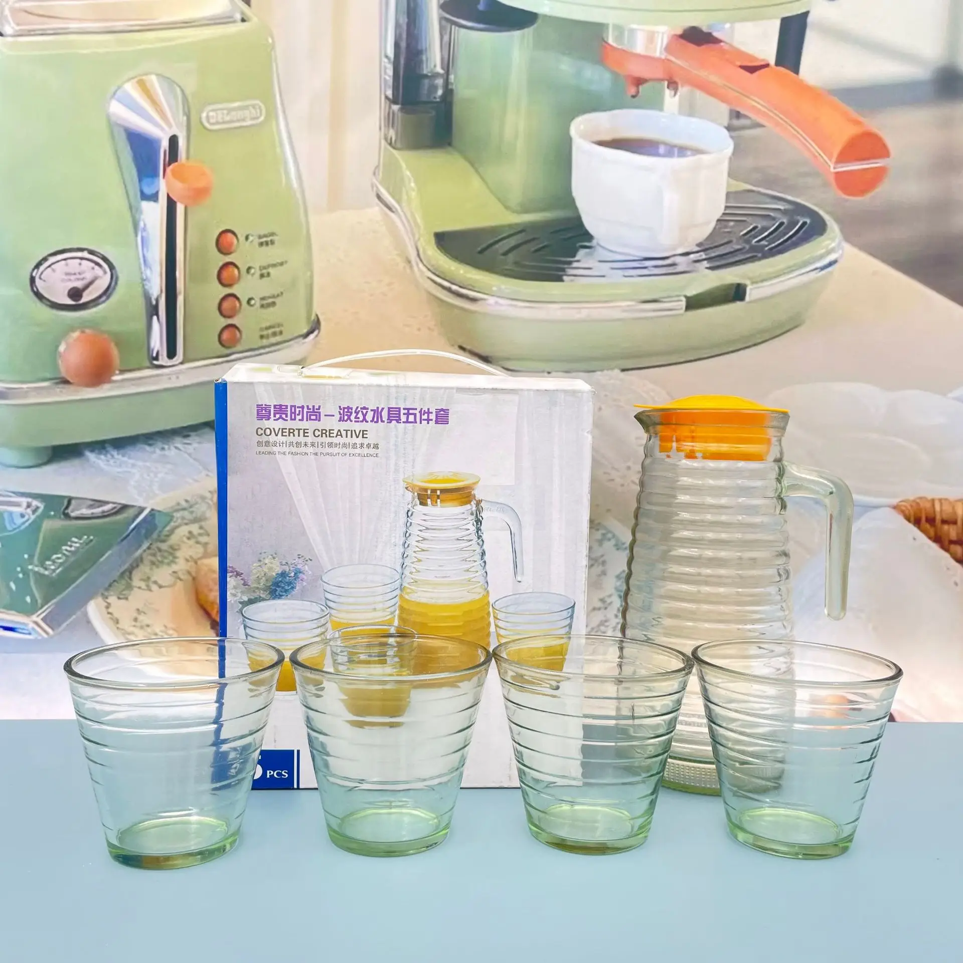 5pcs glass water pitcher and cups set with stripes glassware glass jug set water juice dispenser beer mug