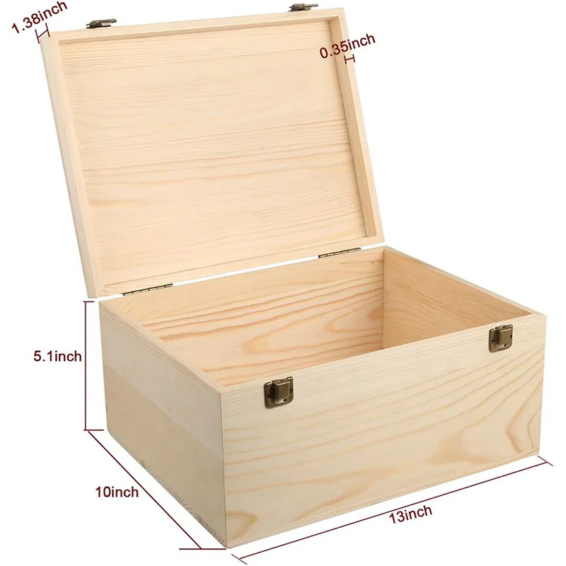 ESTICK Unfinished  Natural Unfinished Pine Wood Box with Hinged Lid and Front Clasp Wooden Box