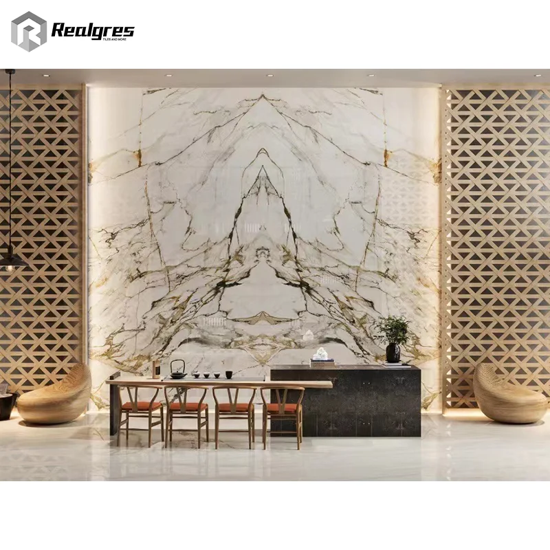 Large Format Marble Tiles Price In Dubai Sintered Stone Panels Wall Bookmatch Porcelain Slabs Gold And White Glossy Tiles