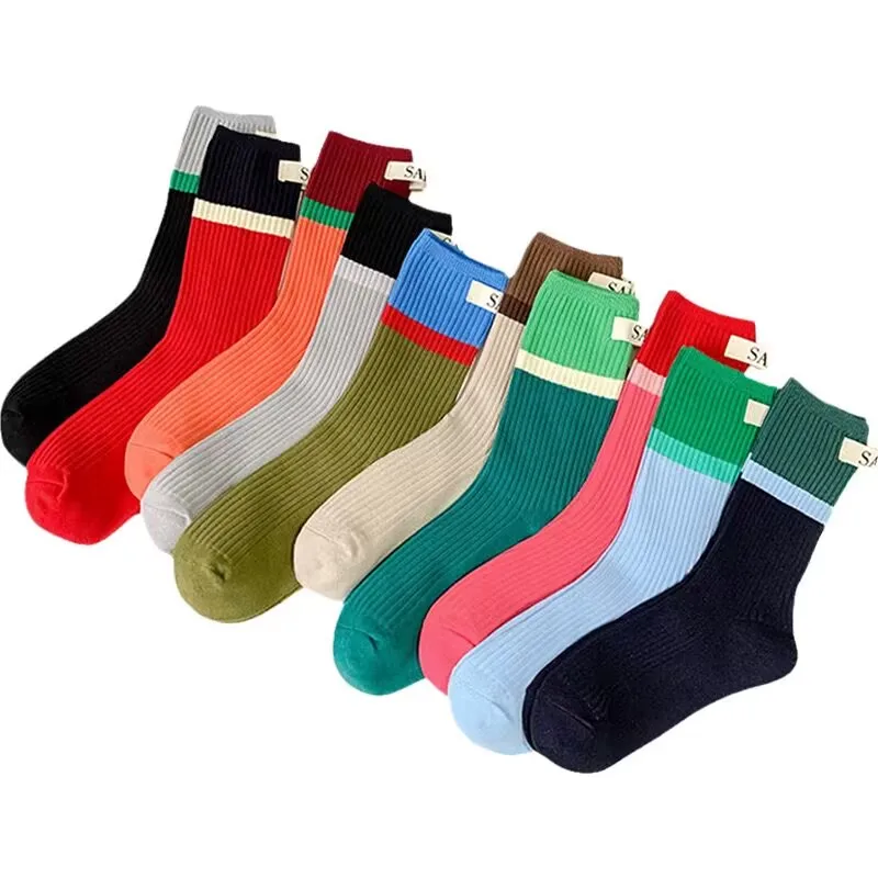 Korean Autumn Trend Letters Cloth Label Colorful Stockings Cotton Knitted Fashion Sports Women Tube Socks