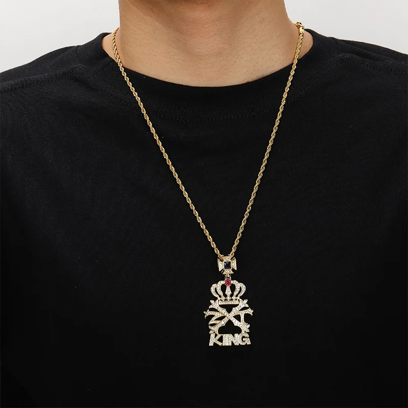 Cubic Zirconia Hiphop Gold Crown King Letter Necklace Tennis Chain