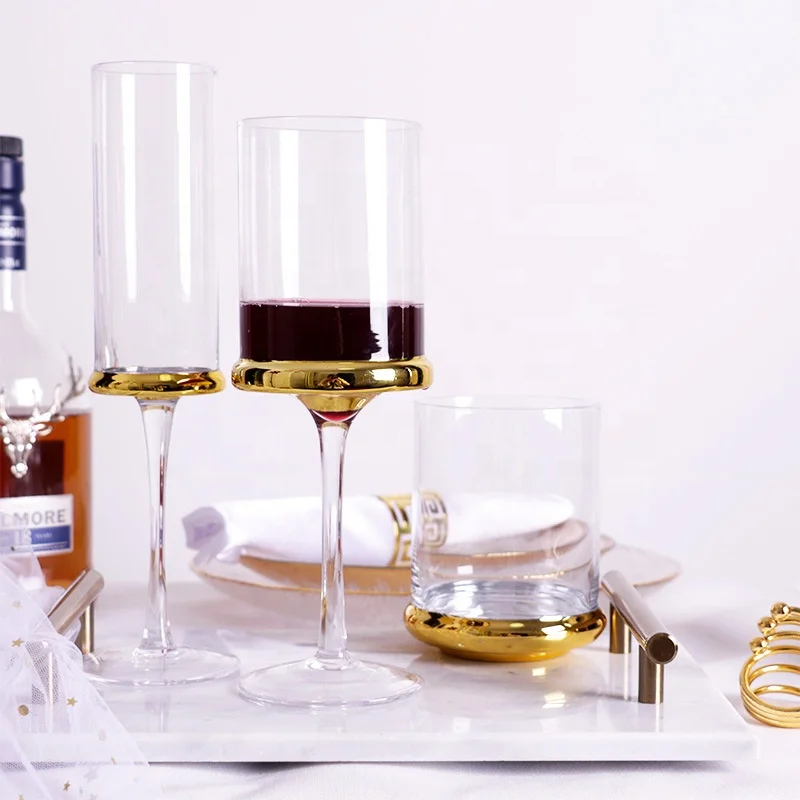 Amber Straight Square Plating Crystal Champagne Flutes Glass Wine Goblet Glasses