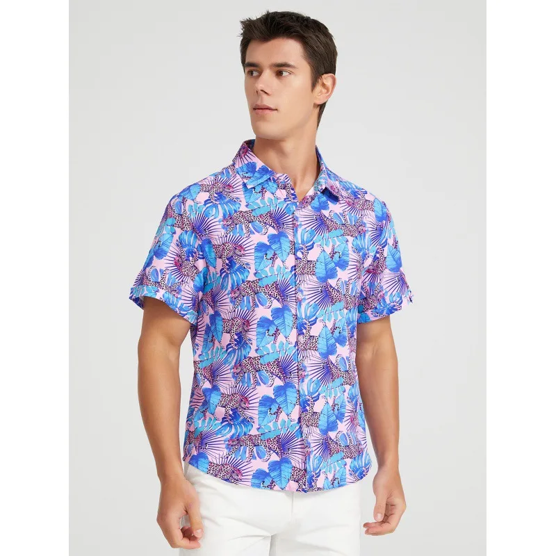 Summer polyester spandex full printing vintage aloha beach short sleeve button up t shirt island resort hawaiian shirt for men