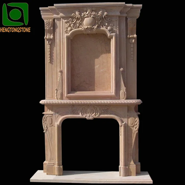 Home Decoration Hand Carved Freestanding Beige Marble Fireplace Mantel With Lion Statue