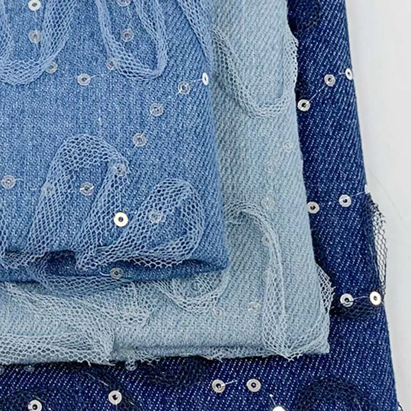 Denim Fabric Wholesale Polyester Cotton Lace Bead Embroidered Denim Fabric For Clothing Diy Decoration