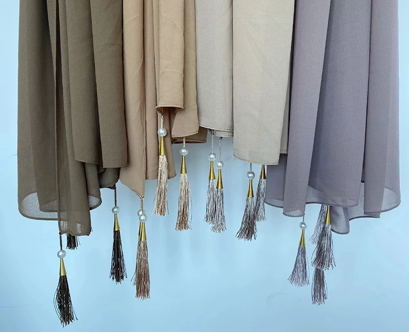 Bubble Chiffon Solid Color muslim Scarf Long Soft Wrap Shawl Scarves Beaded Pearls Hijabs Tassel Scarf HW426