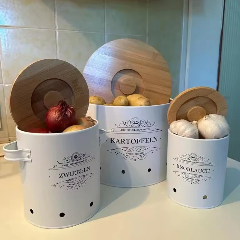 Modern Round Bamboo Lid Carving Handle Potato Onion Garlic Kitchen Canisters Storage Box Set of 3
