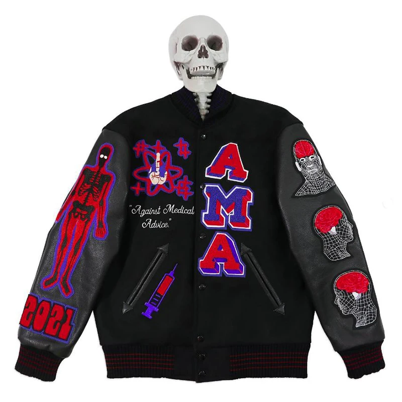 DiZNEW Patches Custom Dark Black Wool Jackets With Genuine Black Cow Leather Sleeves Wholesale Letterman College Jackets