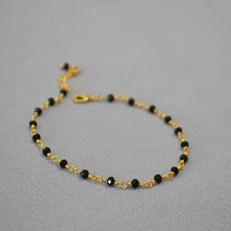 Elegant Jewelry Bracelets Fine Jewelry Brass Gold Plated Link Black Spinel Beaded Bracelet