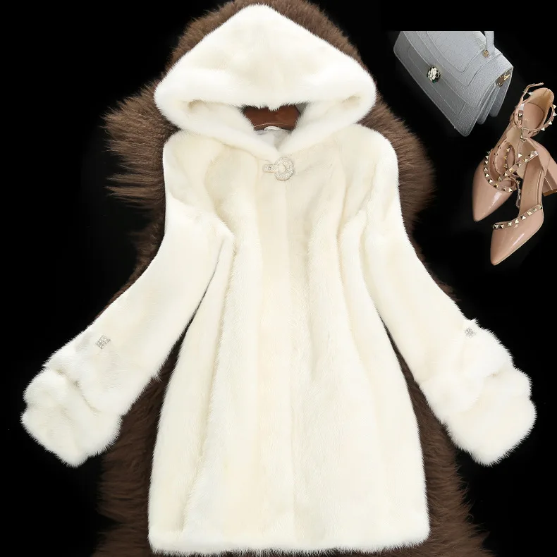 Hot Selling Artifical Mink Fur Hooded Coat Mid-Length Faux Fur Coat Mink Fur Fashion Coat