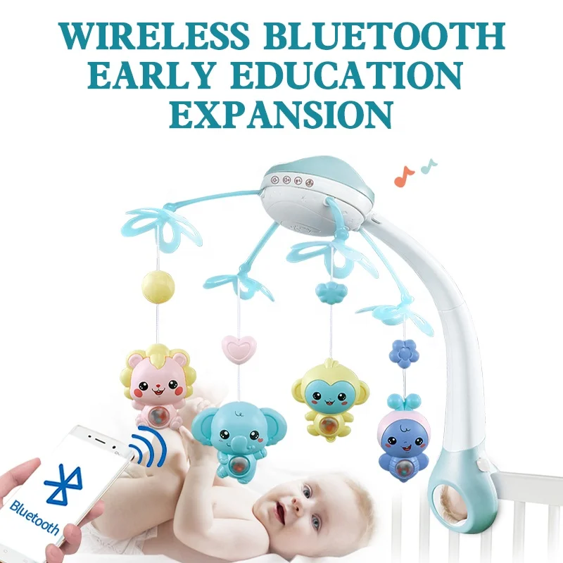 Bluetooth Remote Control 360 Rotating Bed Bell Toy Crib Mobiles with Soft Night Lights Projector Baby Crib Mobile with Music