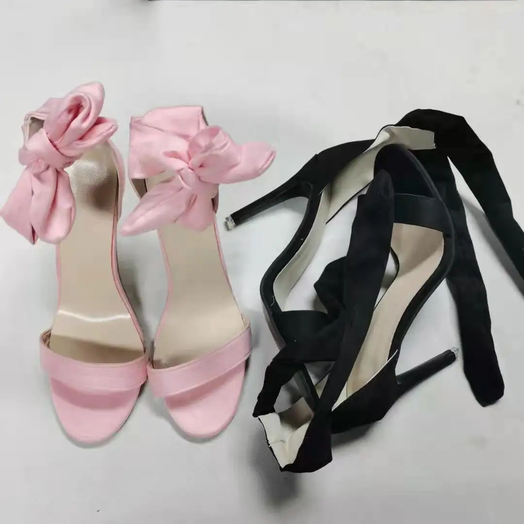 Summer New Korean Version of Large Size Open Toe One Word Buckle with Bow Knot High Heel Stiletto Sandals