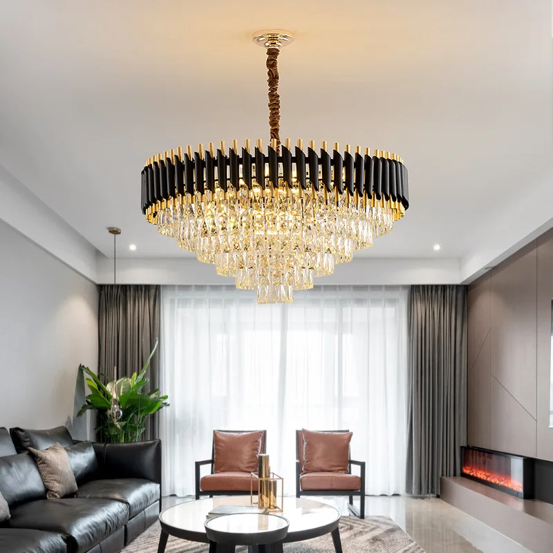 Modern vintage long living room bedroom big led luxury hotel k9 crystal black antique chandelier lighting
