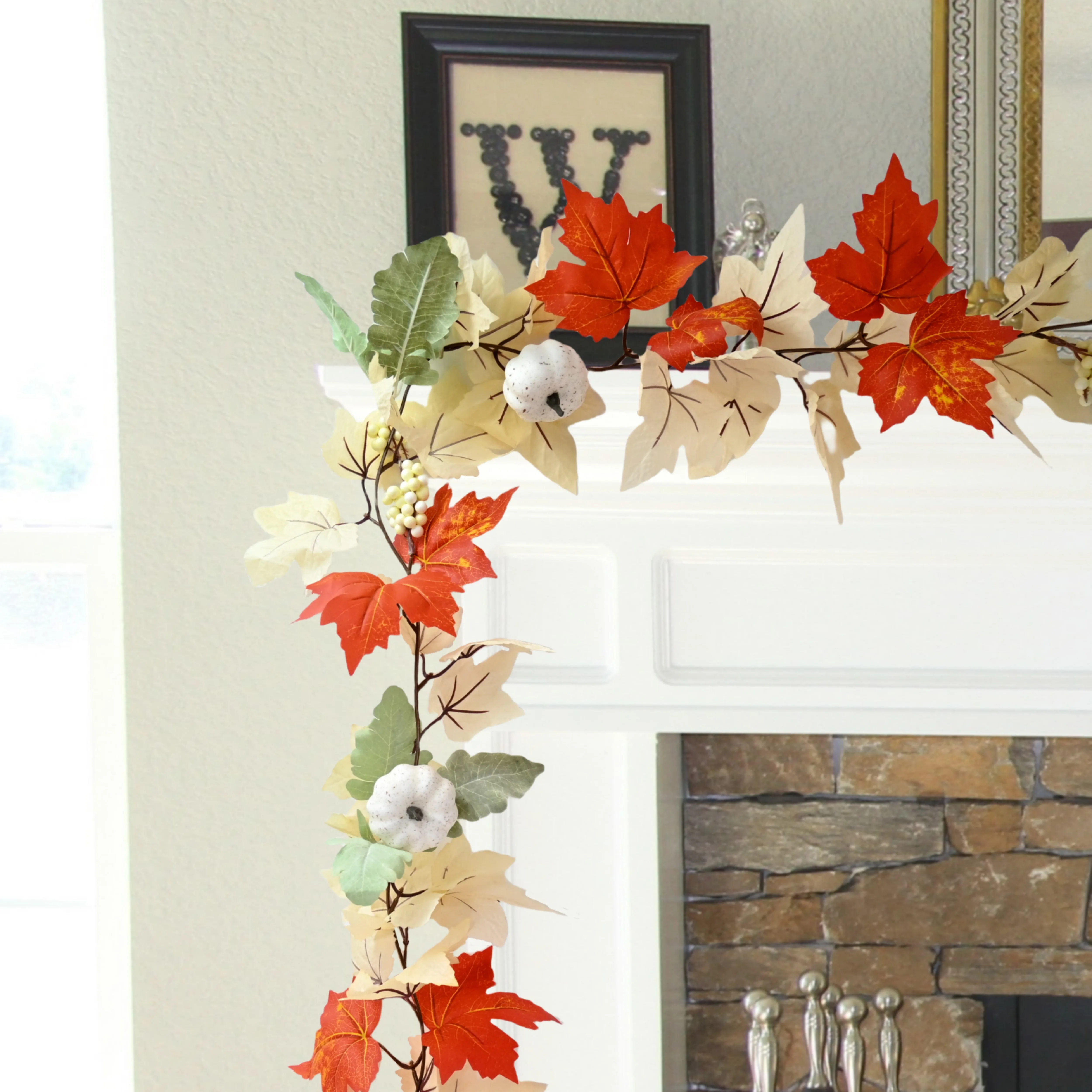 68 Inch Fall Vine Hanging Decorations Artificial Maple Leaves Vines With White Pumpkin Garland