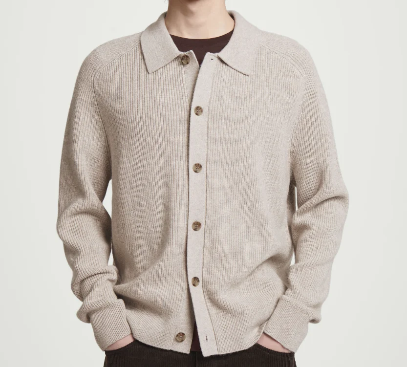 New Custom Man Turn-down Collar Long Sleeve High Quality Rim Hem knitted Sweater 2024 Autumn Vintage Knitted Cardigan For Man