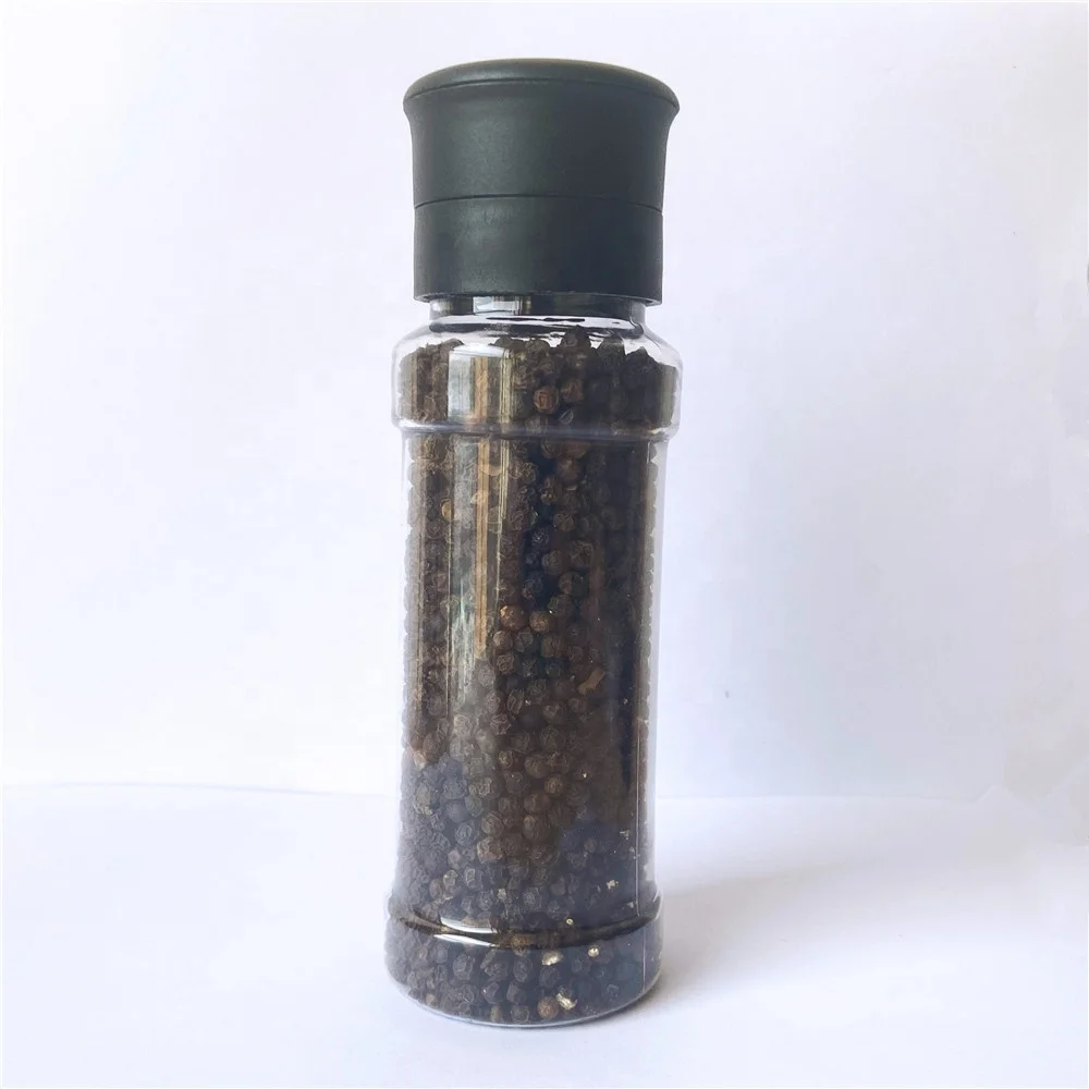 200 ML empty PET plastic spice bottle with black grinder cap for salt and pepper mill shaker