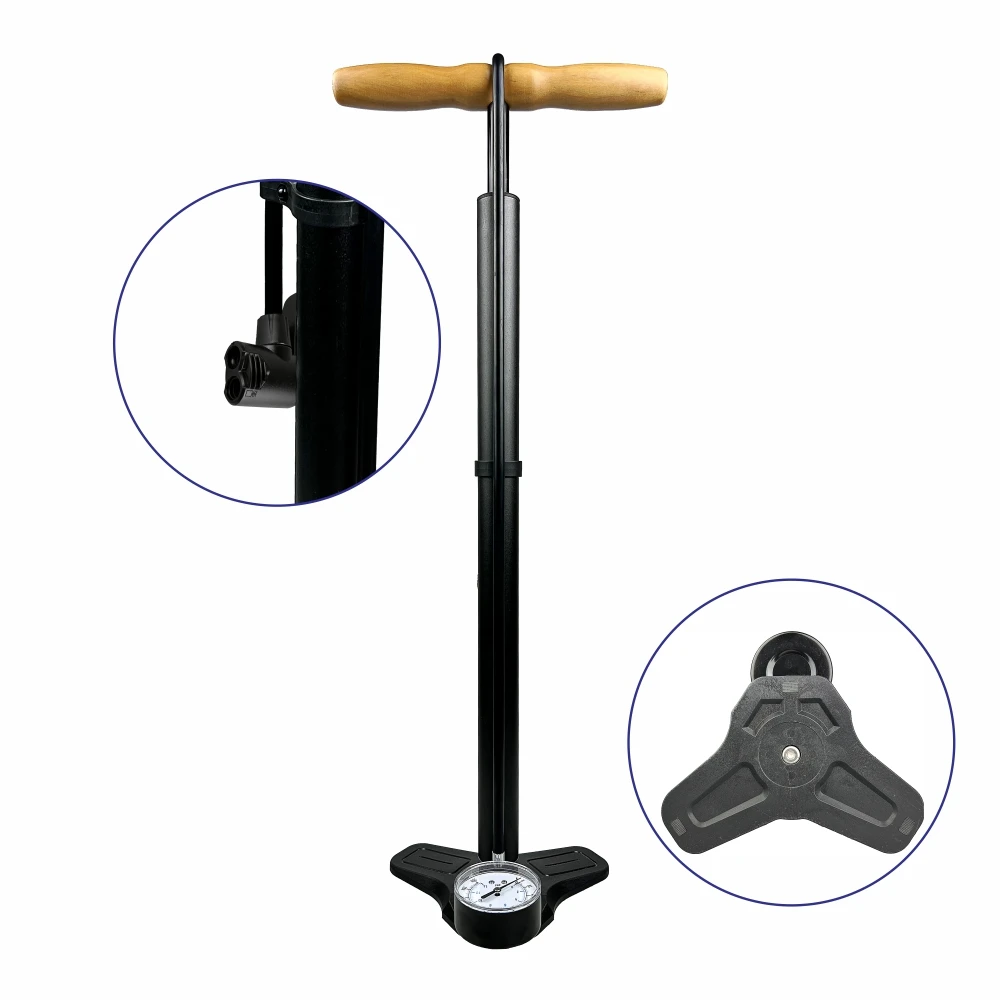 200PSI Schrader and Presta Valve Compatible Bike Floor Pump with Pressure Gauge and Ergonomic Wooden Handle