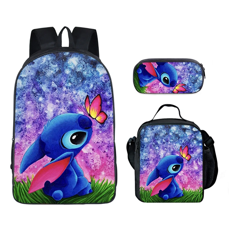 Stitch 3-piece set of 3D printing pencil box young girls backpack, lunch bag, schoolbag setthermal lunch box