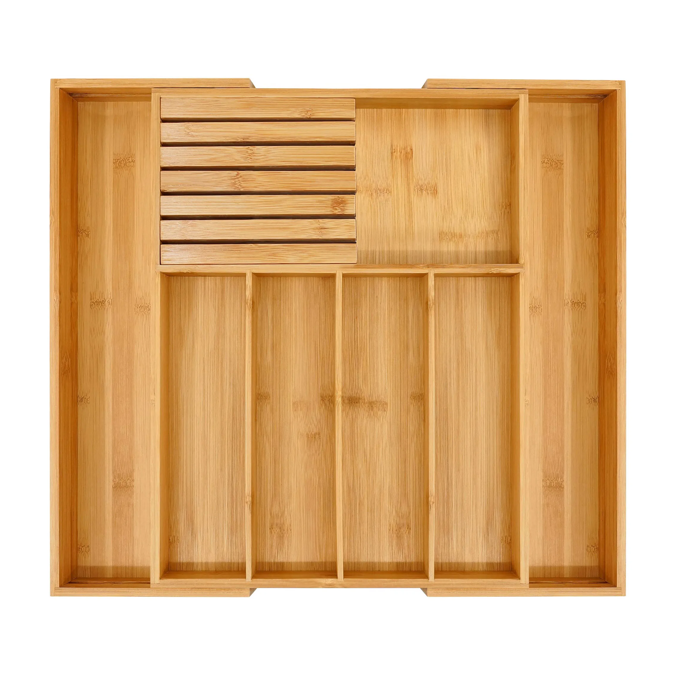 Bamboo Silverware Drawer Organizer with Knife Block Expandable Wooden Cutlery Tray Kitchen Utensil Organizer with Drawer Divide