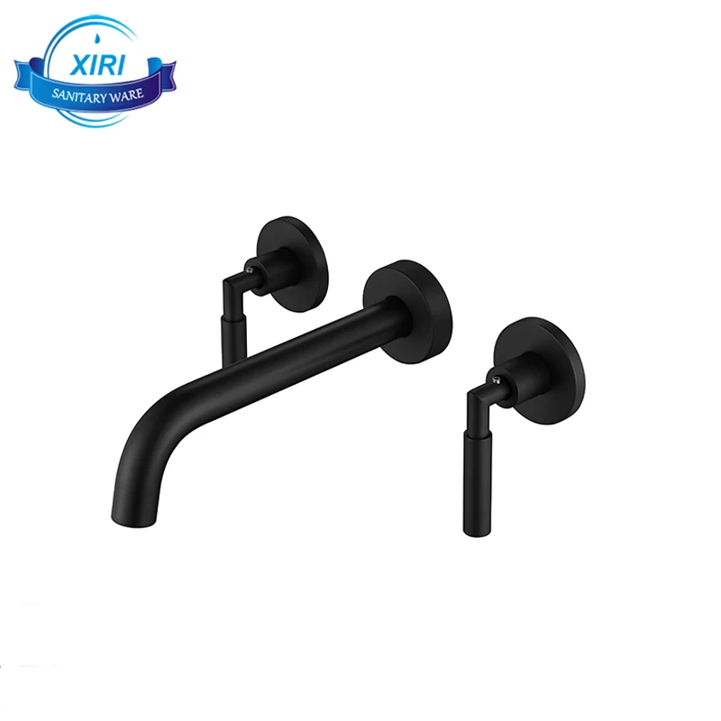 High Quality in-wall Matt Black Finish Dual Handle Brass Lavatory Basin Mixer Taps Concealed Hot And Cold Water Bathroom Sink