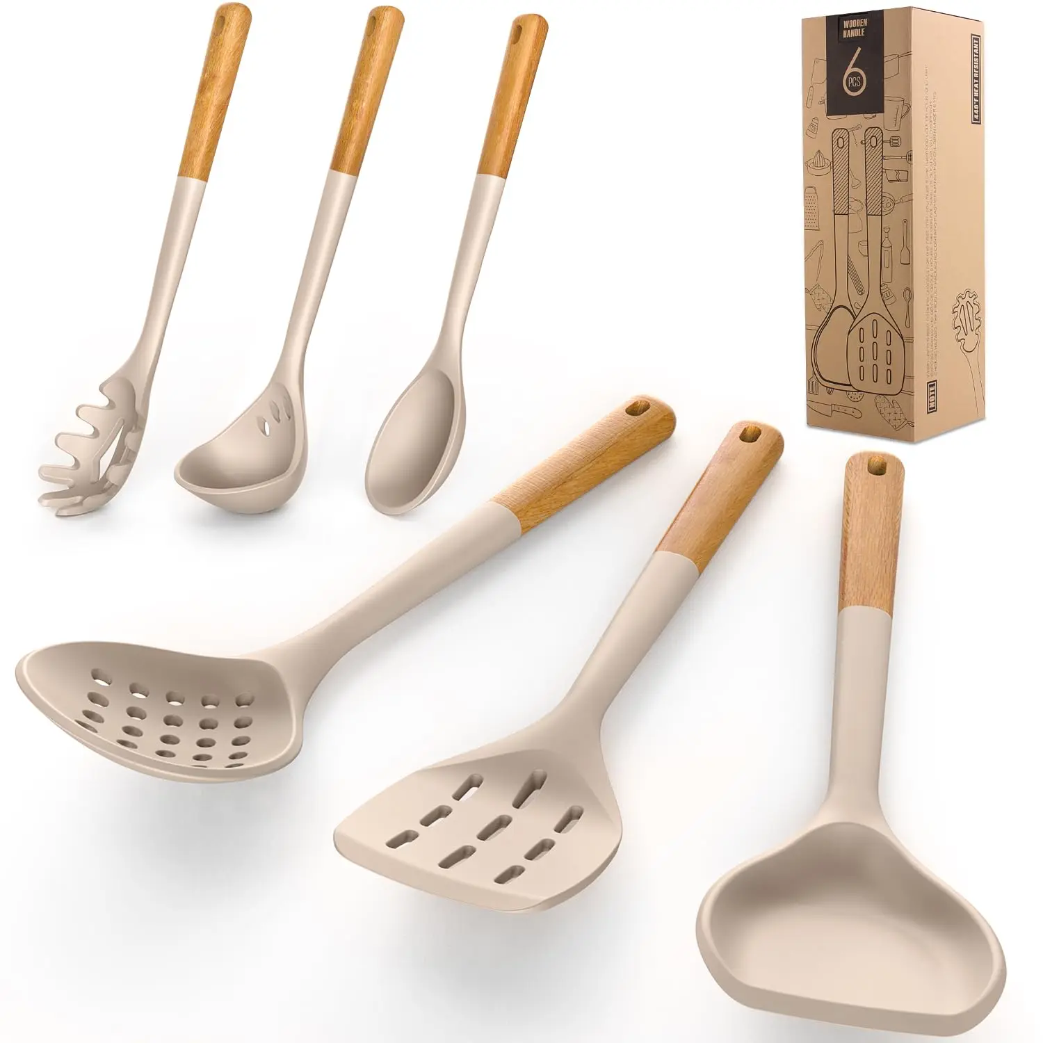 New inspiration Design Non-Stick 6 Pieces High-temperature resistant Natural Wooden Handle Silicone Kitchen Utensils Gadgets set