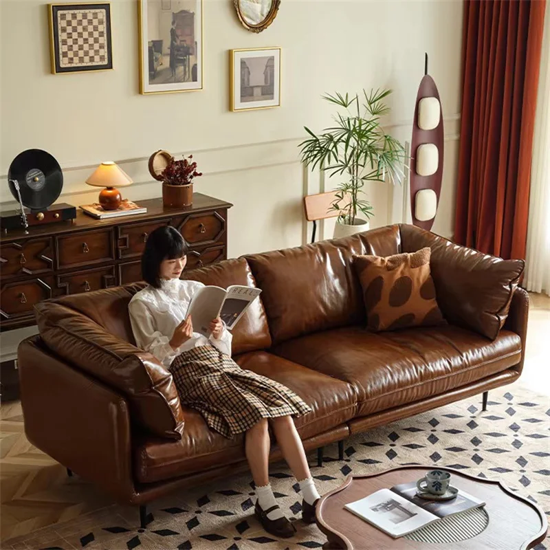 American Classical Vintage 3 Seater Sofa Brown Genuine Leather Sectional Modern Couch Set for home Living Room Sofas furniture