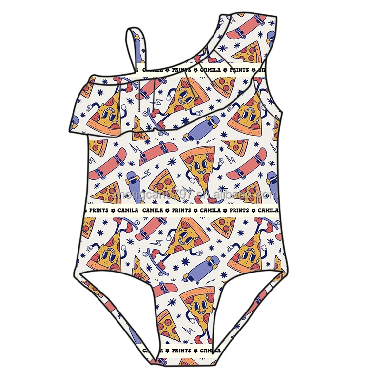Fashion Infant Toddler Bathing Suit Cheese Skateboard Printed Single Shoulder Kids Bikinis One Piece Swimwear For Teenage Girl