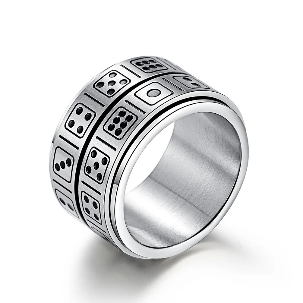 Creative Jewelry Funny Double Layer Round Loop Spin Finger Ring Silver Stainless Steel Engraved Grain Dice Game Ring