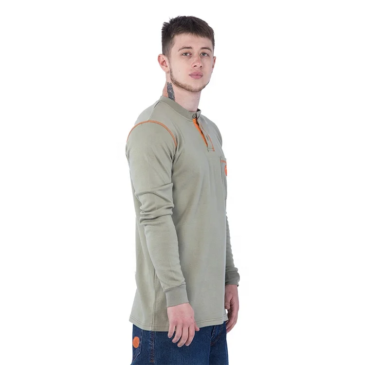 FR T-shirt  Flame Resistant 100% Cotton  Khaki Henley T-shirt